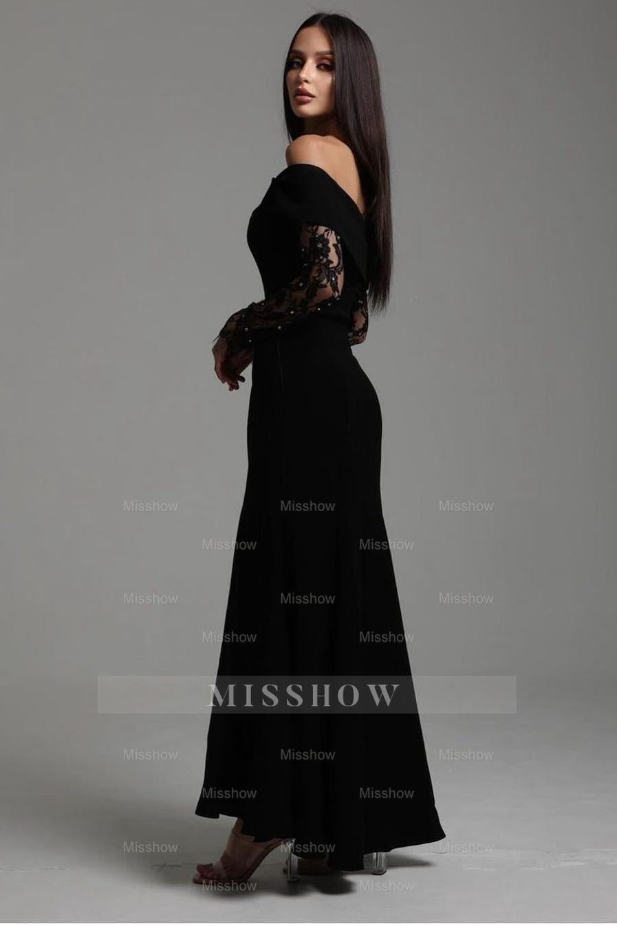 Black Off-the-Shoulder Long Sleeve Lace Appliques Mermaid Floor Length Formal Evening Gown