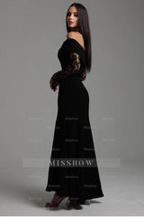 Black Off-the-Shoulder Long Sleeve Lace Appliques Mermaid Floor Length Formal Evening Gown