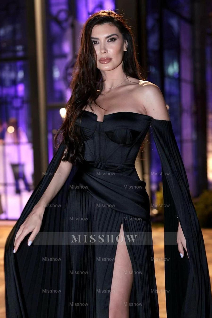 Black Off-the-Shoulder Sleeveless Corset A-Line Pleated Floor Length Formal Evening Dress