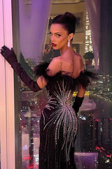 Black Off-the-Shoulder Sleeveless Mermaid Sequined Feather Beaded Floor Evening Gown