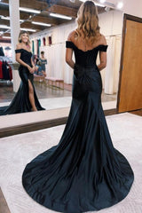 Black Off the shoulder high split mermaid Prom Evening Dresses