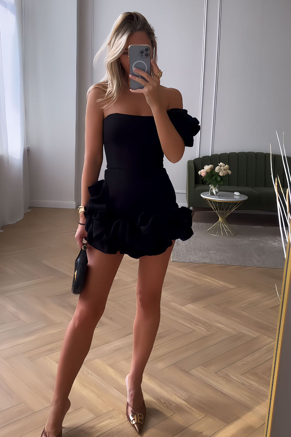 Black One Shoulder Bodycon Short Homecoming Dress with 3D Flowers