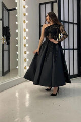 Black One Shoulder Lace Applique Cocktail Dress Single Long Sleeve Illusion Bodice A-Line Satin Tea Length