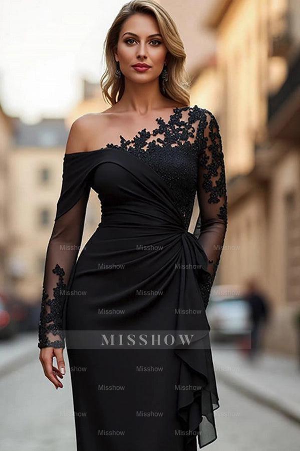 Black One Shoulder Long Sleeve Lace Appliques Mermaid Satin Floor Formal Evening Gown