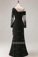 Black One Shoulder Long Sleeve Lace Appliques Mermaid Satin Floor Formal Evening Gown
