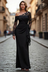 Black One Shoulder Long Sleeve Lace Appliques Mermaid Satin Floor Formal Evening Gown