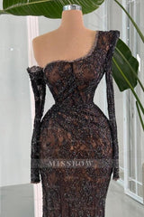 Black One Shoulder Long Sleeve Mermaid Lace Appliques Beading Floor Formal Evening Gown