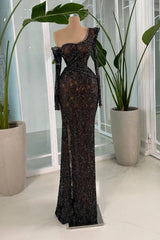 Black One Shoulder Long Sleeve Mermaid Lace Appliques Beading Floor Formal Evening Gown
