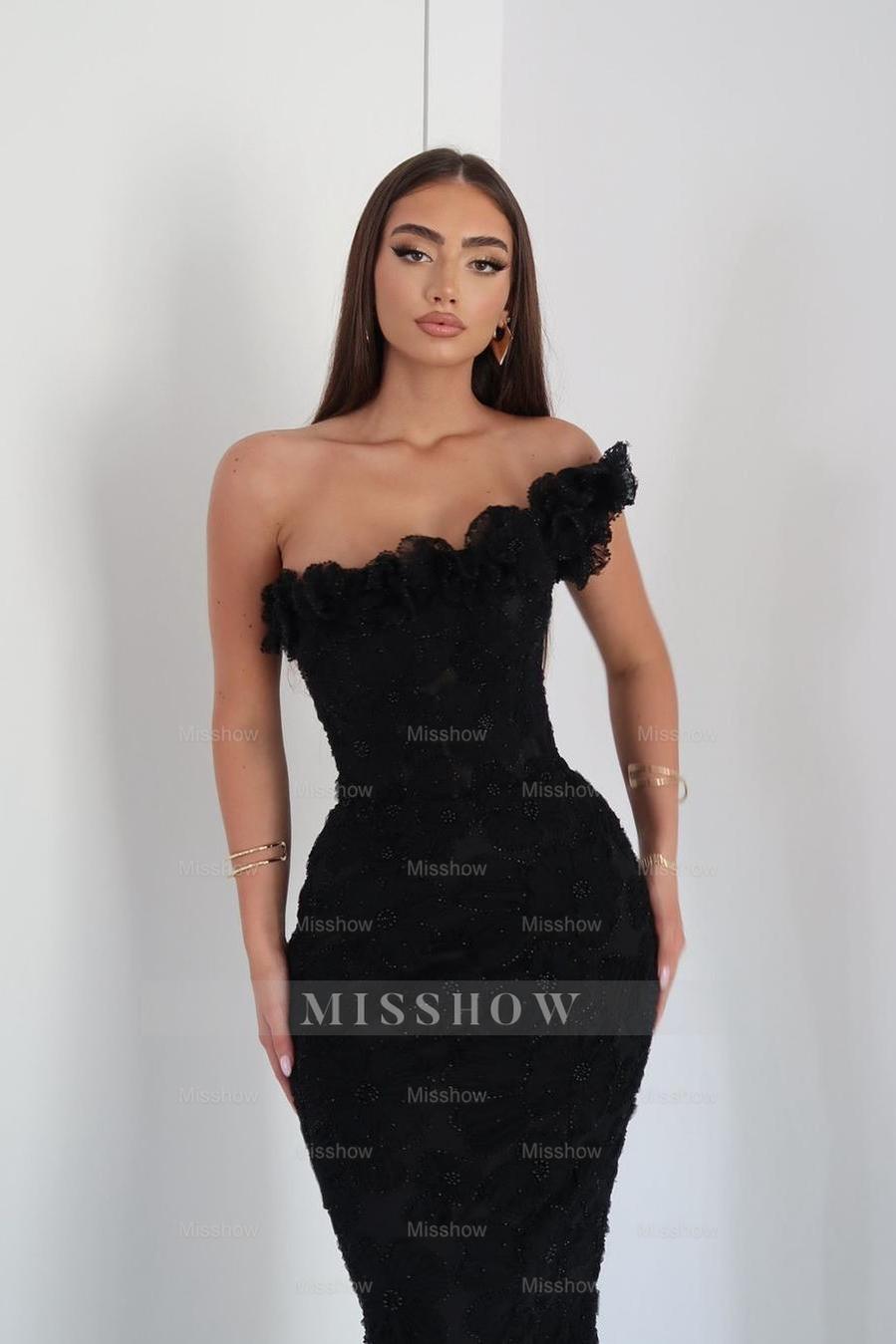 Black One Shoulder Sleeveless Mermaid Lace Appliques Floor Length Formal Evening Gown