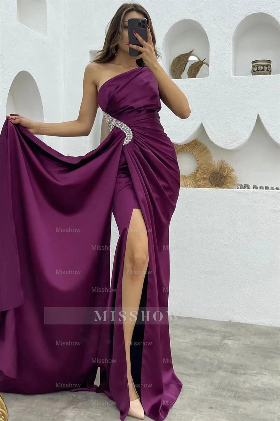 Black One Shoulder Sleeveless Mermaid Satin Pleated Rhinestone Floor Formal Evening Gown