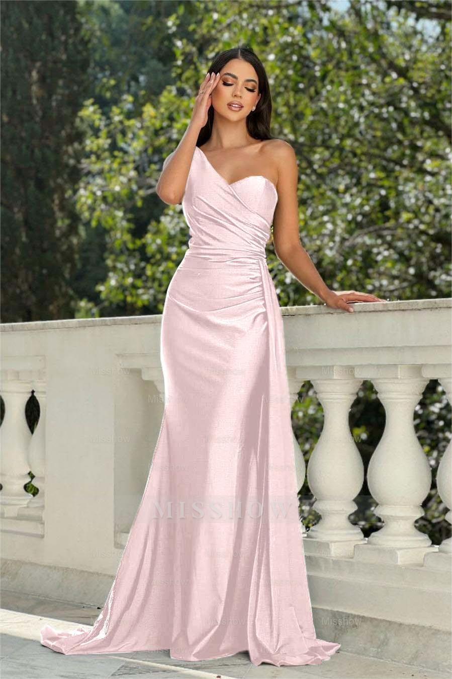 Black One Shoulder Sleeveless Mermaid Satin Ruched Floor Length Formal Evening Gown
