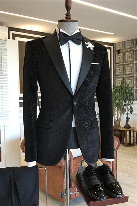 Black Peaked Lapel Two Piece Bespoke Corduroy Men's Prom Wear