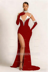 Burgundy v-neck pearl mermaid evening dress