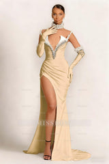 Champagne v-neck pearl mermaid evening dress