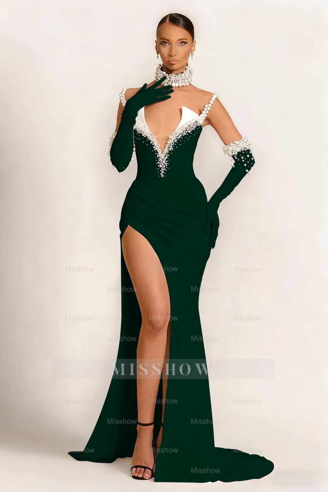 Dark green v-neck pearl mermaid evening dress