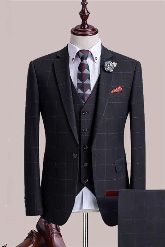 Black Plaid Formal Notched Lapel Three-Piece Business Suit