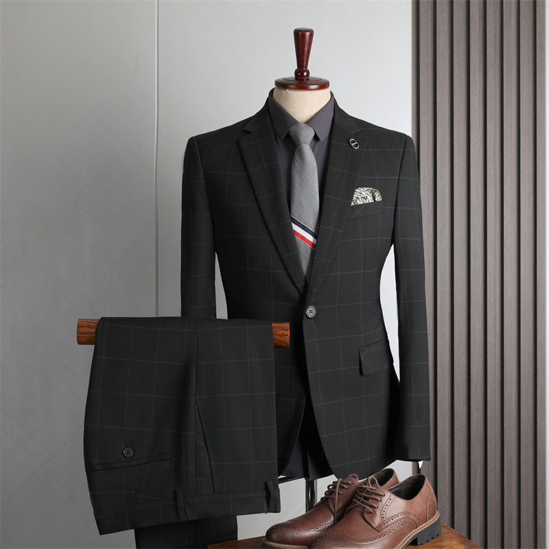 Black Plaid Formal Notched Lapel Two-Piece Business Suit