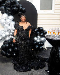 Black Plus Size Mermaid Prom Dress Off Shoulder Sweetheart 3D Satin Floral Rosette Shoulder All-Over Sequin Crystal Rhinestone Beaded Skirt 3D Floral Ruffle Hem Court Train Gown