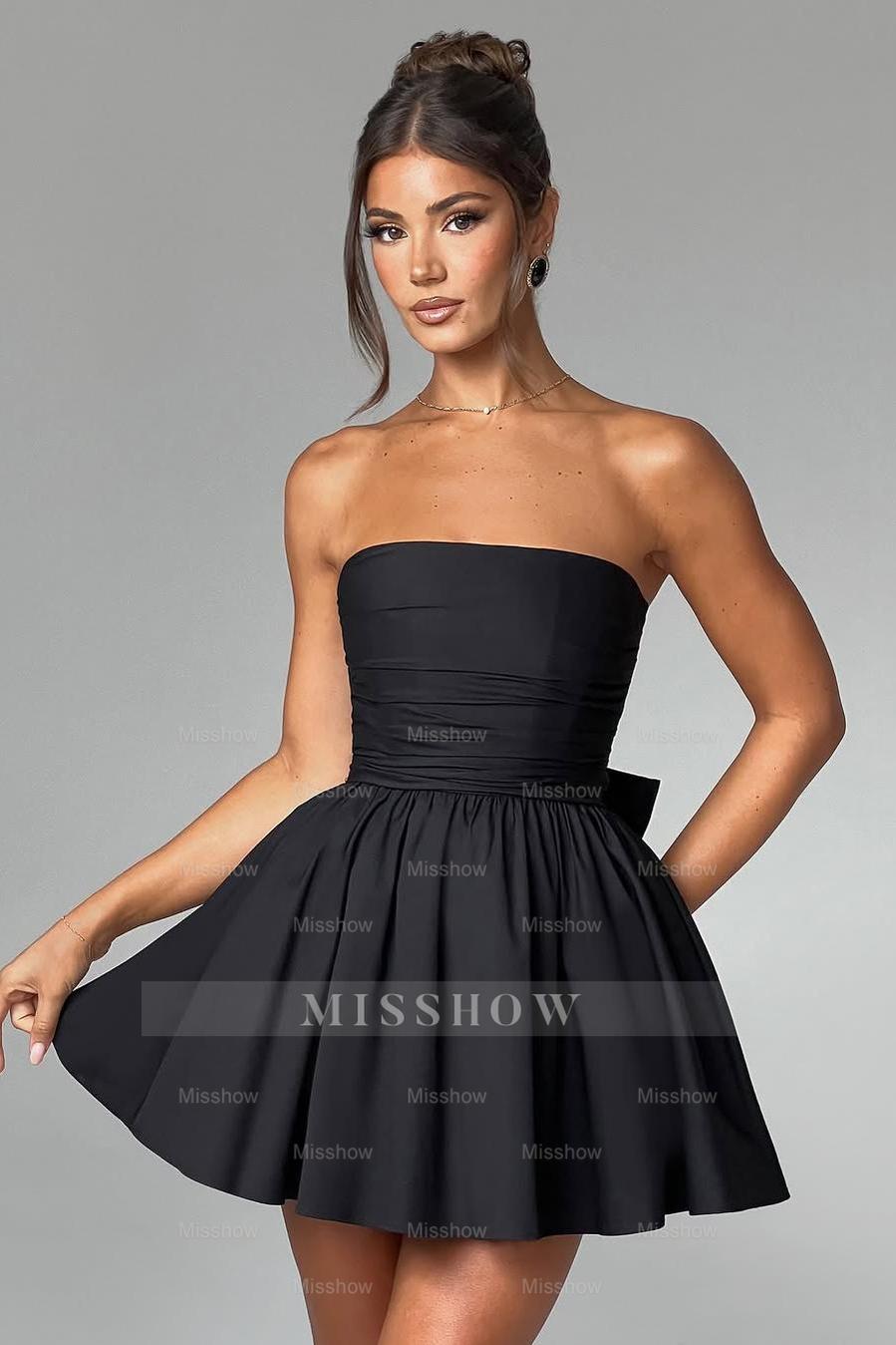 Black strapless bow A-line evening dress