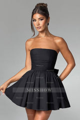 Black strapless bow A-line evening dress