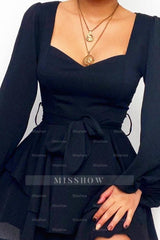 Black Rhinestone Sweetheart Long Sleeve Fit and Flare Chiffon Ruffled Mini Formal Dress