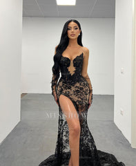 Black Rhinestone Sweetheart Long Sleeve Lace Mermaid Floor Length Formal Evening Dress