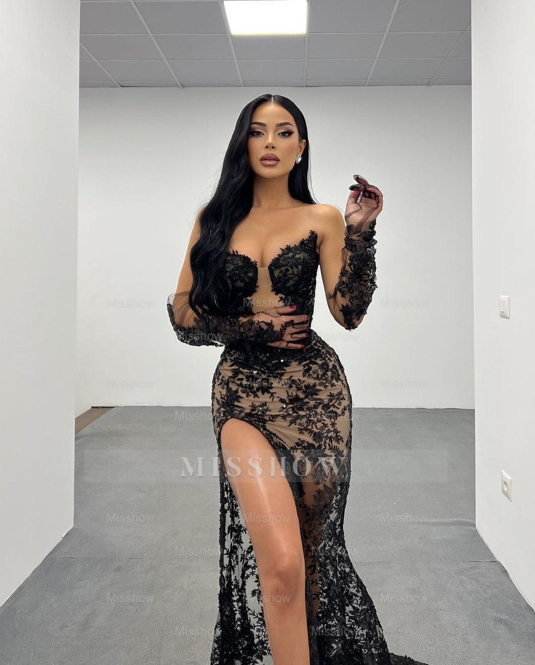 Black Rhinestone Sweetheart Long Sleeve Lace Mermaid Floor Length Formal Evening Dress