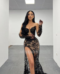 Black Rhinestone Sweetheart Long Sleeve Lace Mermaid Floor Length Formal Evening Dress