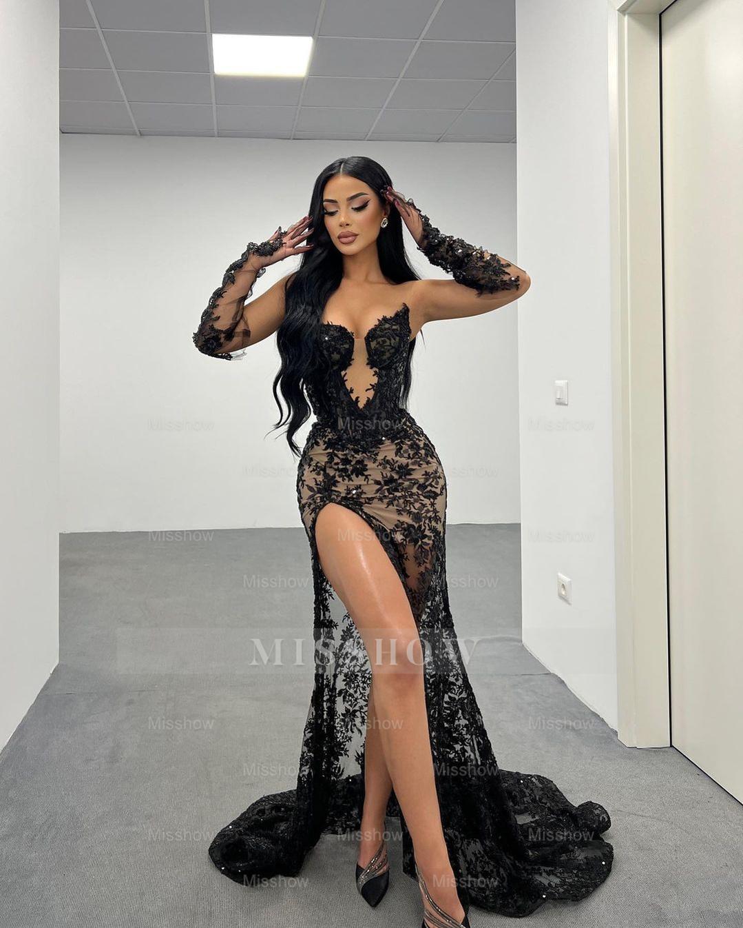 Black Rhinestone Sweetheart Long Sleeve Lace Mermaid Floor Length Formal Evening Dress