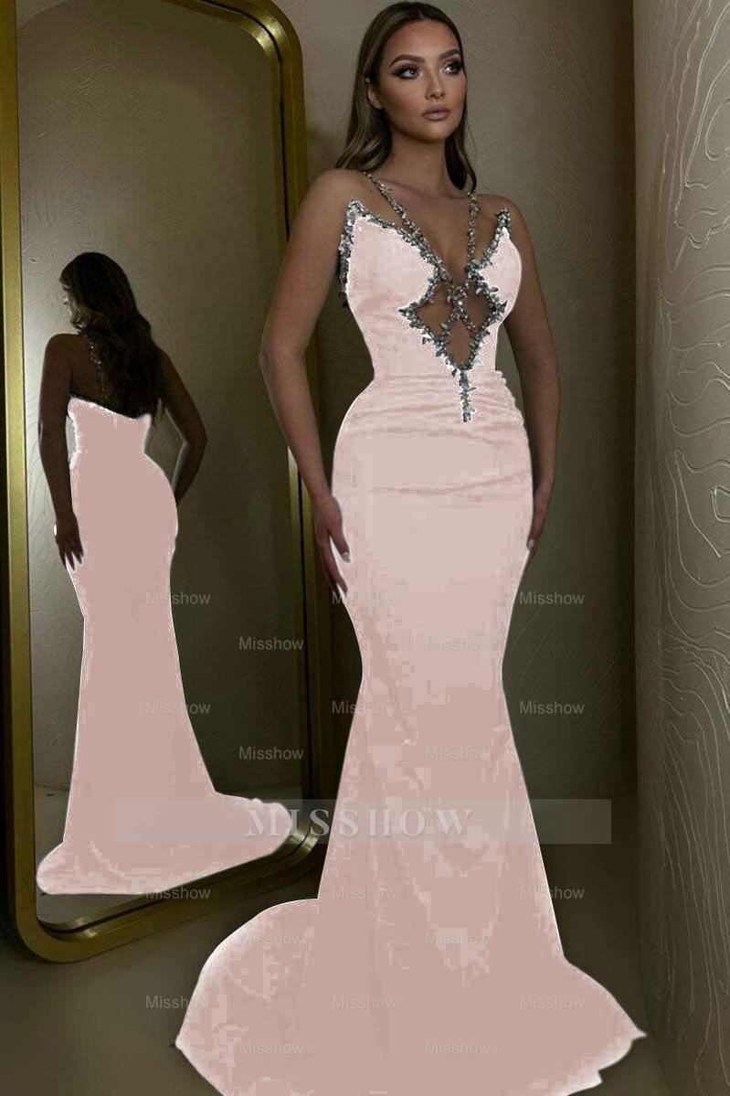 Black Rhinestone V-Neck Sleeveless Mermaid Sequined Floor Length Formal Evening Gown