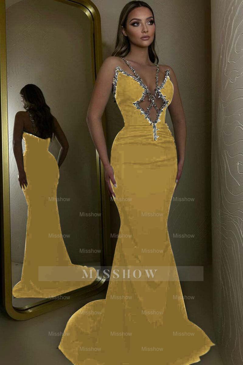 Black Rhinestone V-Neck Sleeveless Mermaid Sequined Floor Length Formal Evening Gown