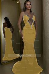 Black Rhinestone V-Neck Sleeveless Mermaid Sequined Floor Length Formal Evening Gown