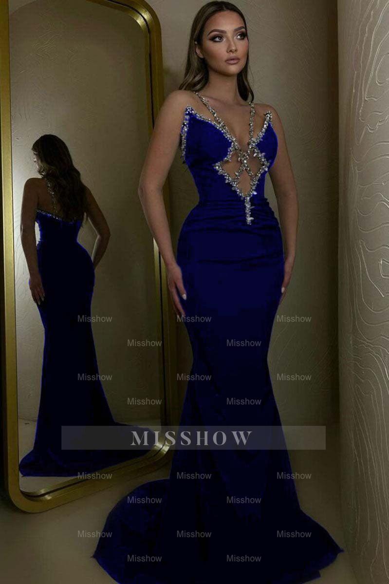 Black Rhinestone V-Neck Sleeveless Mermaid Sequined Floor Length Formal Evening Gown