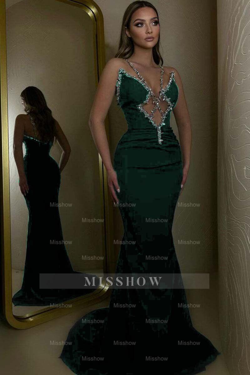 Black Rhinestone V-Neck Sleeveless Mermaid Sequined Floor Length Formal Evening Gown