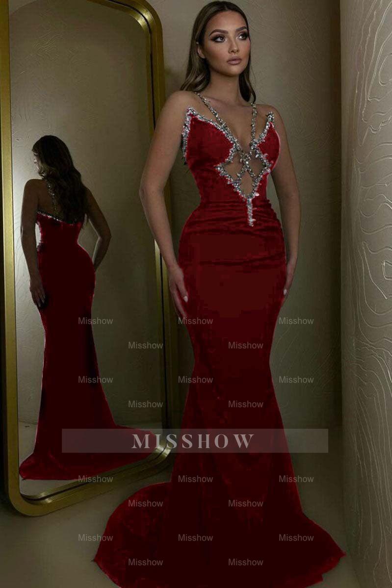 Black Rhinestone V-Neck Sleeveless Mermaid Sequined Floor Length Formal Evening Gown