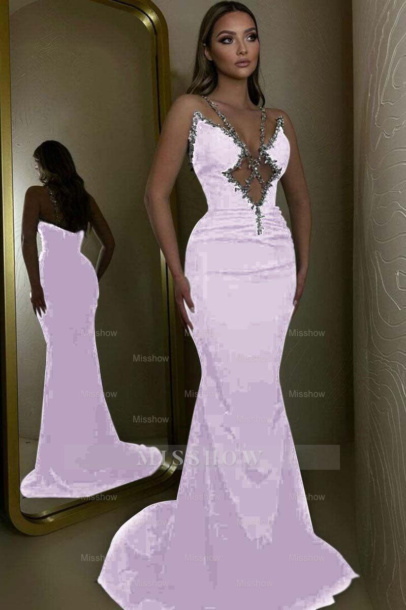Black Rhinestone V-Neck Sleeveless Mermaid Sequined Floor Length Formal Evening Gown