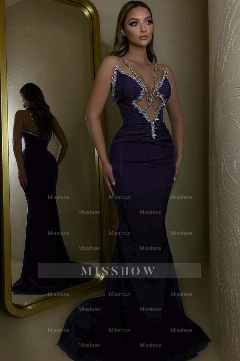 Black Rhinestone V-Neck Sleeveless Mermaid Sequined Floor Length Formal Evening Gown
