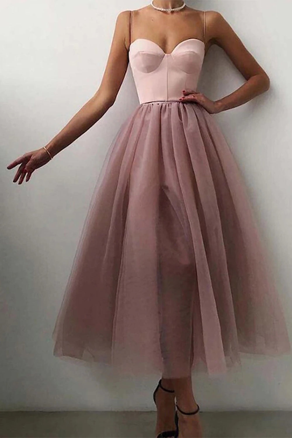 Pink sweetheart tulle A-line prom dress
