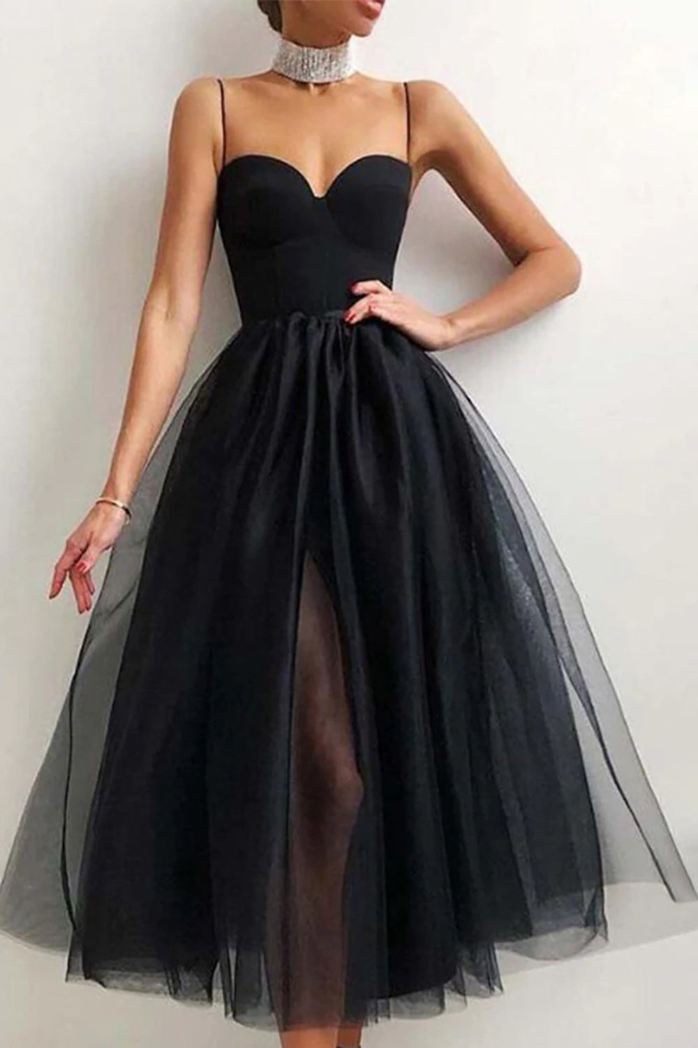 Black sweetheart tulle A-line prom dress