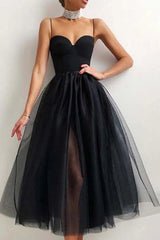 Black sweetheart tulle A-line prom dress