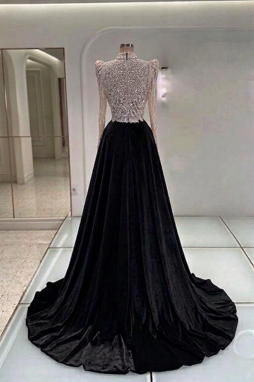 Black Satin Ball Gown Evening Dress High Neck Long Sheer Illusion Sleeves Allover Silver Crystal Gemstone Beaded Corset Bodice Oversized Crystal Chandelier Drape Neckline Structured Shoulder Royal Cathedral Train Formal Gown