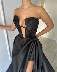 Black Satin Ball Gown Formal Dress Deep-V Cutout Sleeveless Open Back Split Front Sweep Train Evening Gown