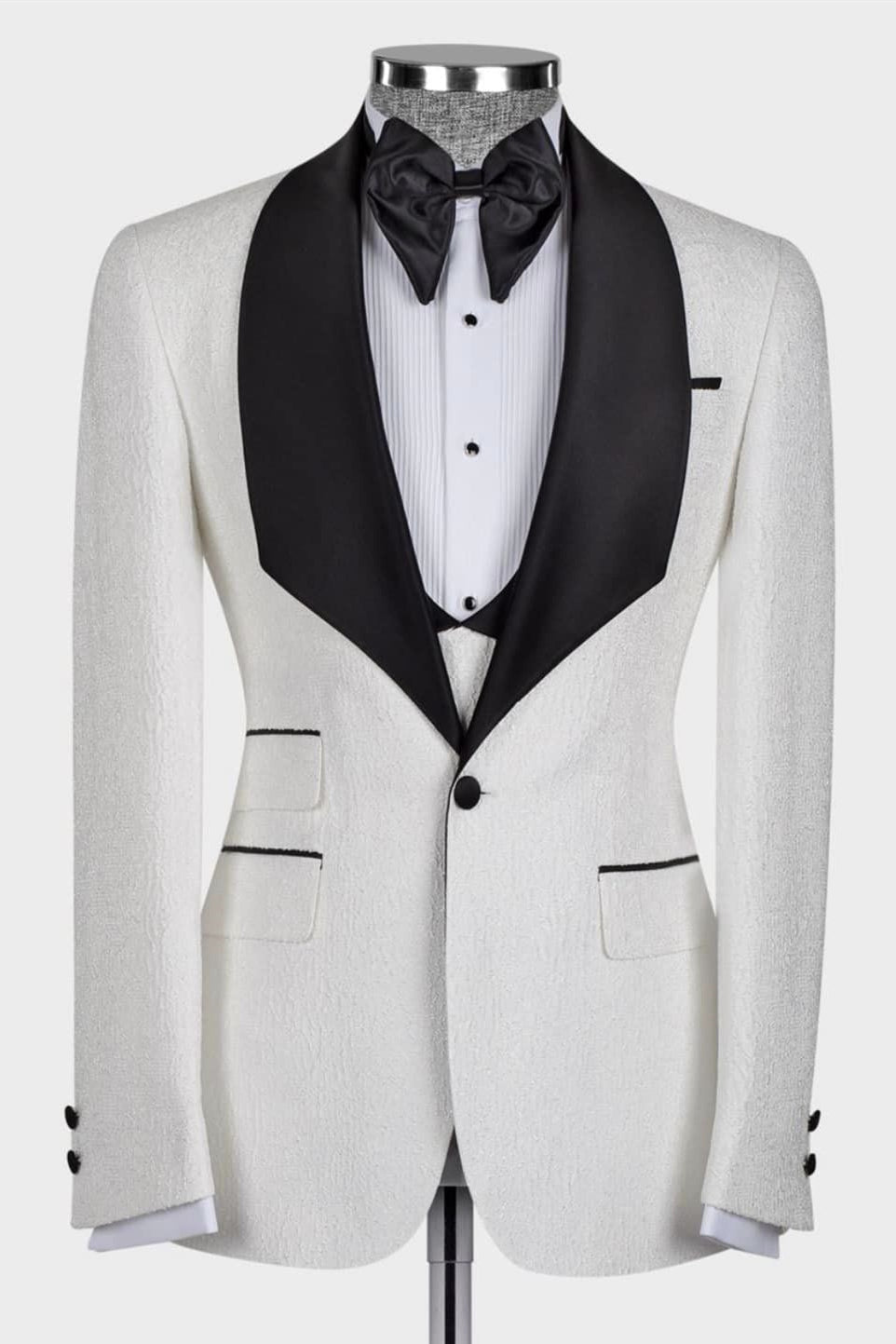 Black Satin Lapel Three-Piece White Jacquard Wedding Suit for Groom