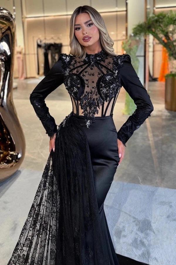 Black Satin Mermaid Evening Dress High Neck Long Sleeves Sheer Illusion Boned Corset 3D Lace Floral Appliqu Sequin Beaded Back Bow Oversized Lace Cape Train | Misshow misshow.com Black Satin Mermaid Evening Dress High Neck Long Sleeves Sheer Illusion Boned Corset 3D Lace Floral Appliqu Sequin Beaded Back Bow Oversized Lace Cape Train | Misshow misshow.com