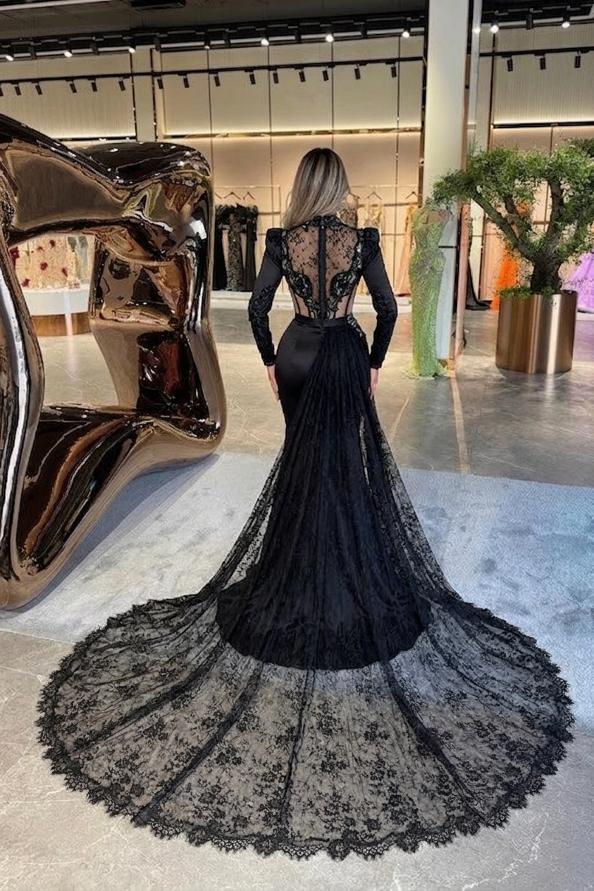 Black Satin Mermaid Evening Dress High Neck Long Sleeves Sheer Illusion  Boned Corset 3D Lace Floral Appliqu Sequin Beaded Back Bow Oversized Lace  Cape Train | Misshow  misshow.com