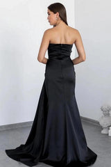 Black Satin Mermaid Evening Dress One Shoulder Ruched Crystal Waist Belt Thigh-High Slit Formal Gown