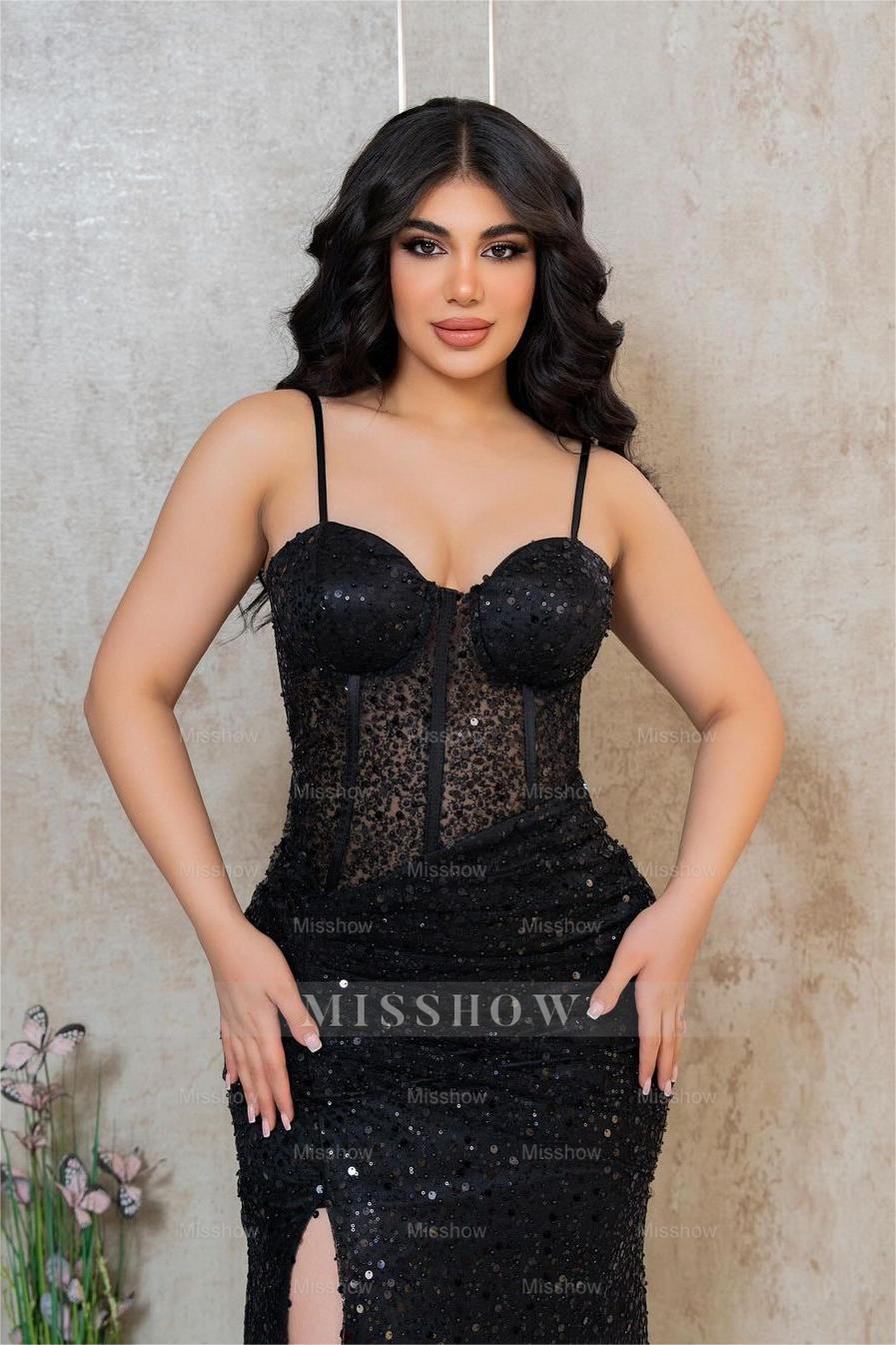 Black Sequins Spaghetti Strap Sweetheart Sleeveless Long Formal Dress With Split