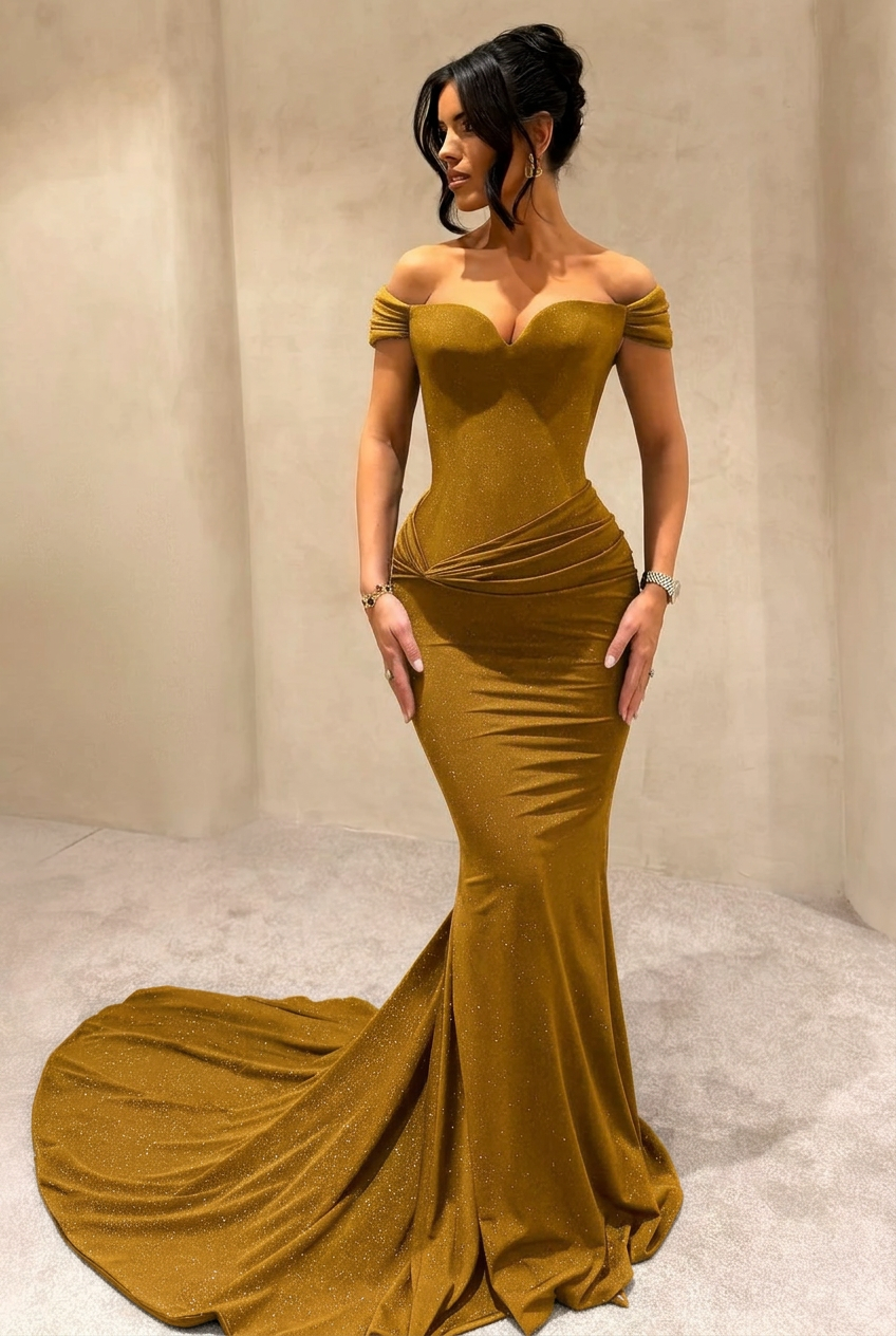 Gold off-the-shoulder sweetheart mermaid evening dress