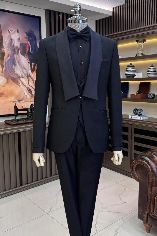 Black Shawl Collar Three-Piece Groom's Wedding Suit