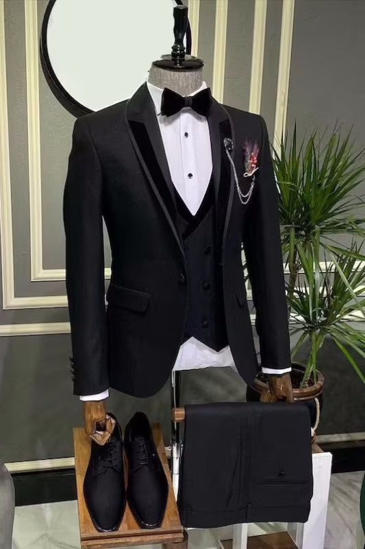 Black Shawl Collar Three-Piece Slim Fit Wedding Attire